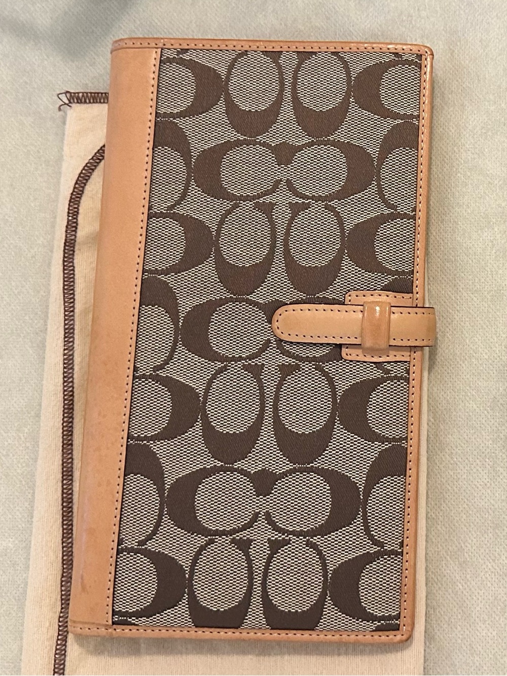 Coach Signature Monogram Travel Wallet with Tan Leather Trim and Tab Closure
